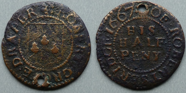 Robertsbridge, Robert Grove 1667 halfpenny (Showing Family Arms)